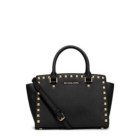 michael kors selma medium studded satchel black|Michael Kors leather satchel.